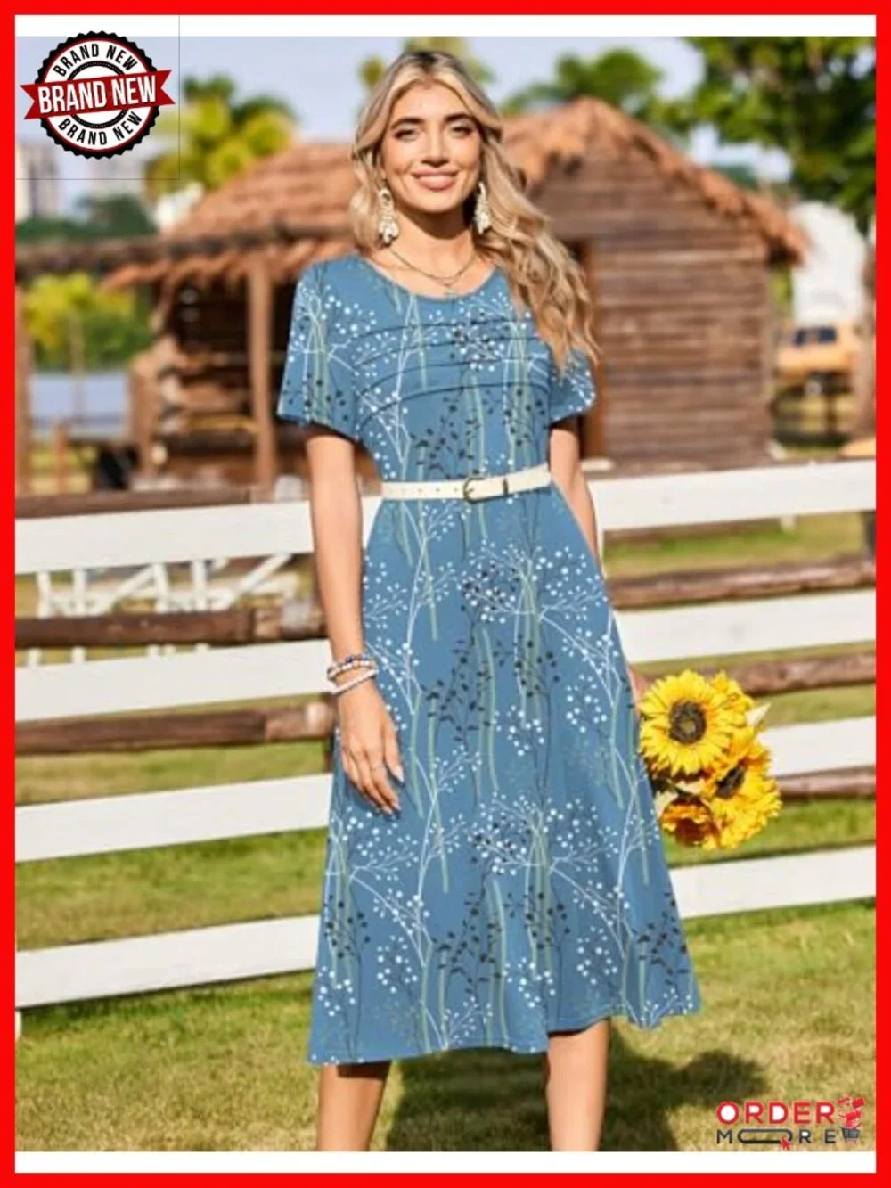 Short Sleeve Flare Midi Dress with Pockets Pleated Front Summer - Picture 3 of 6